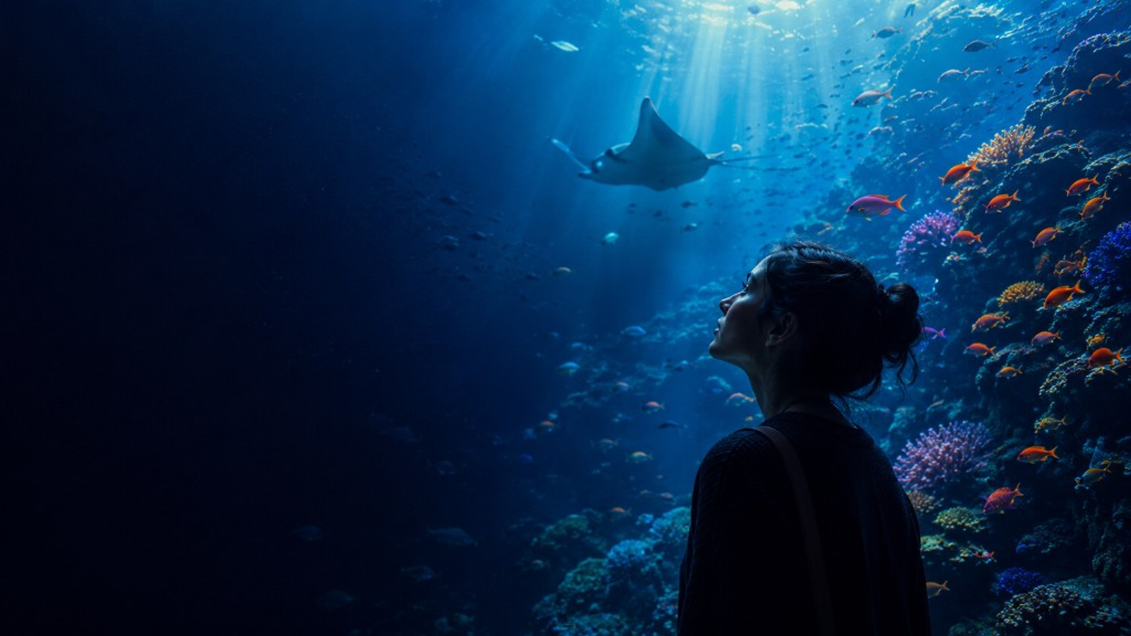 Underwater scene with manta ray and coral reef